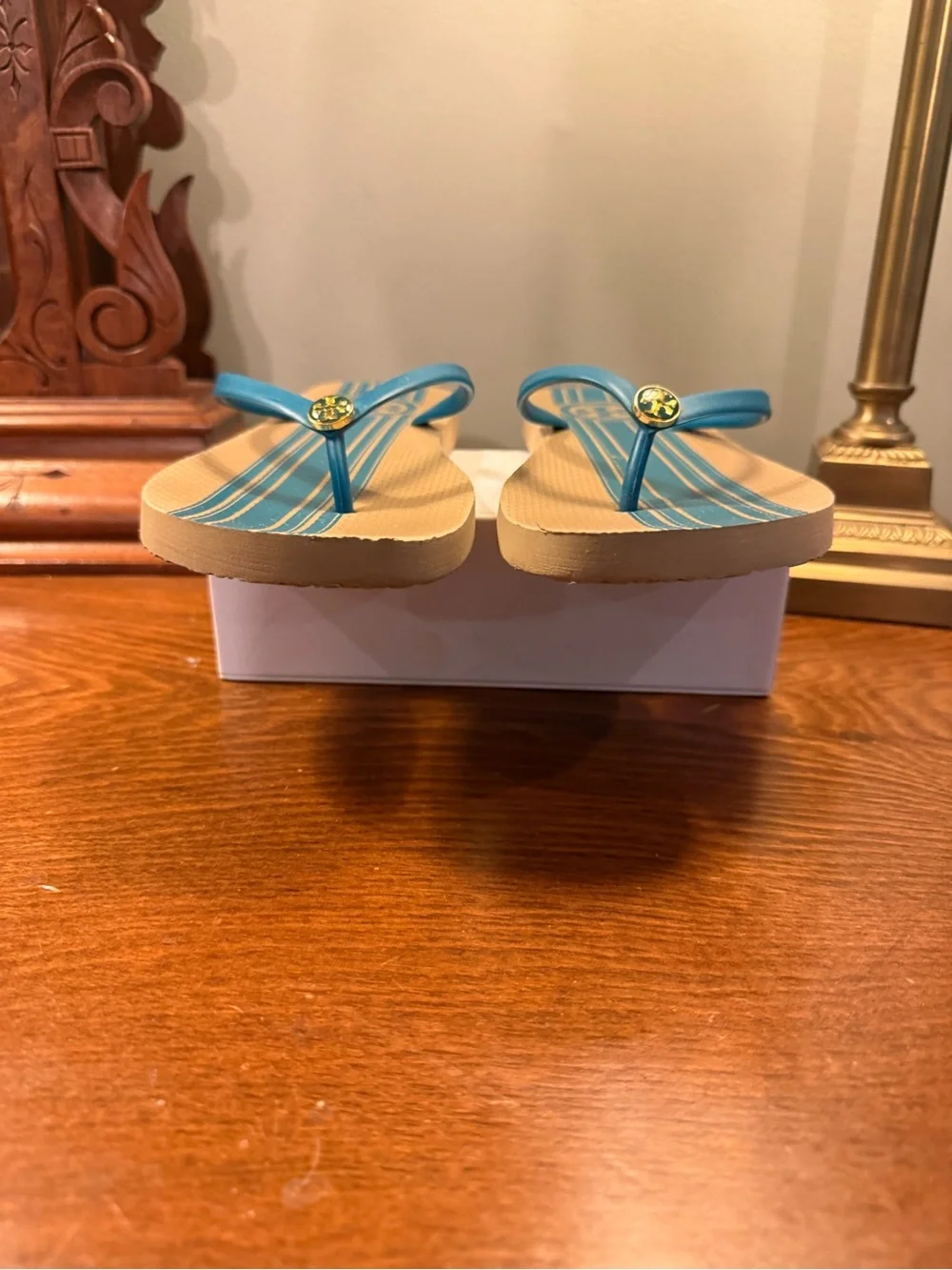 Tory Burch Teal Strap Sandals with Tan Striped Footbed Size 11
